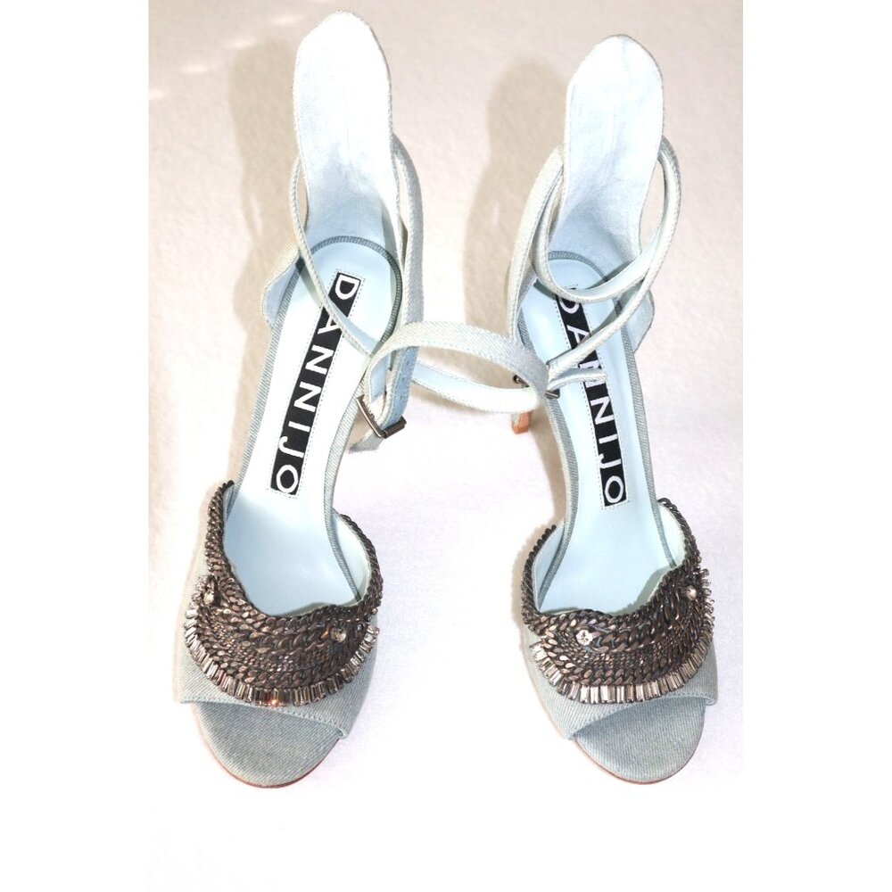 Rare Dannijo Rina Denim Prom Stiletto Rhinestone Strap Sandals  Party Siren 8.5